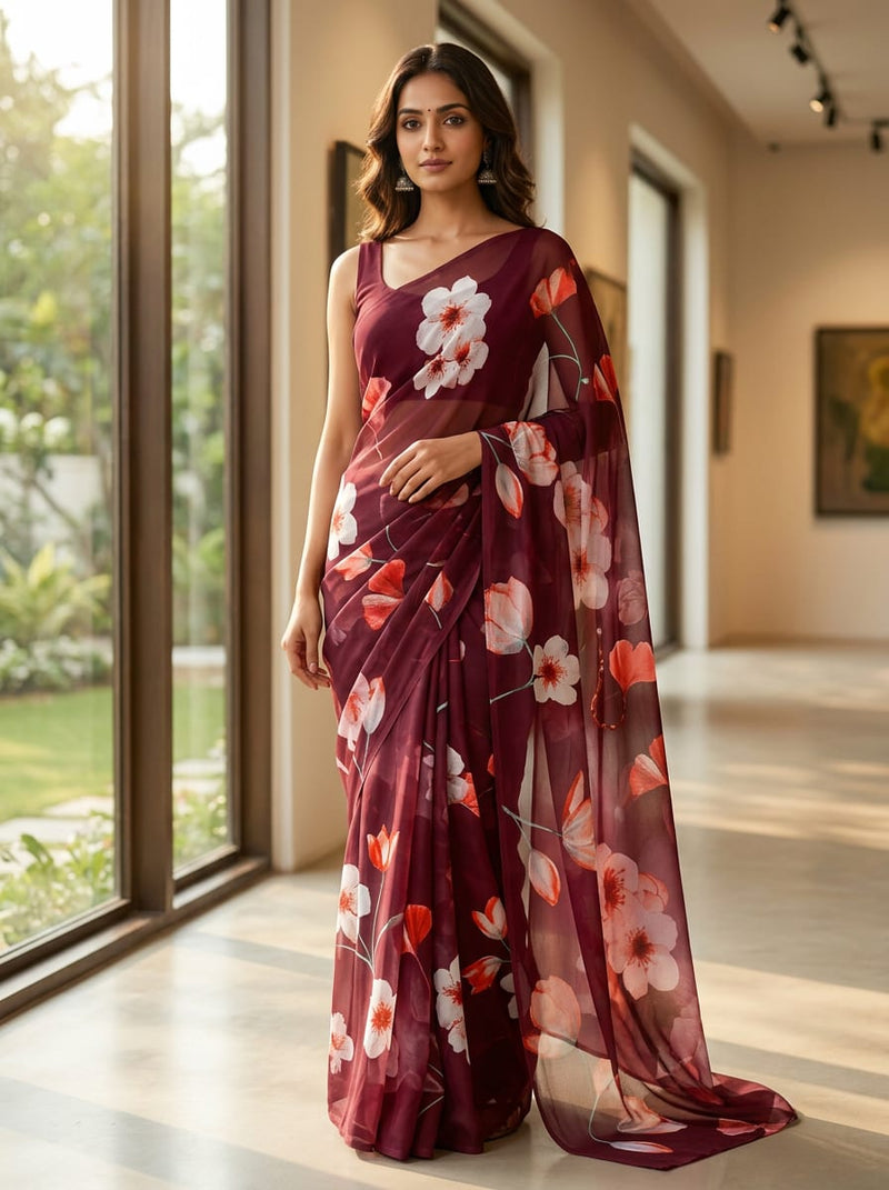 Maroon Watercolour Floral Bloom Pure Georgette Digital Printed Fabric
