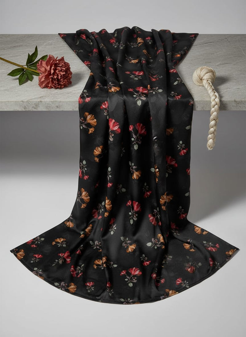 Morden Red Iris With Golden Floral Digital Printed Fabric - Japan Satin