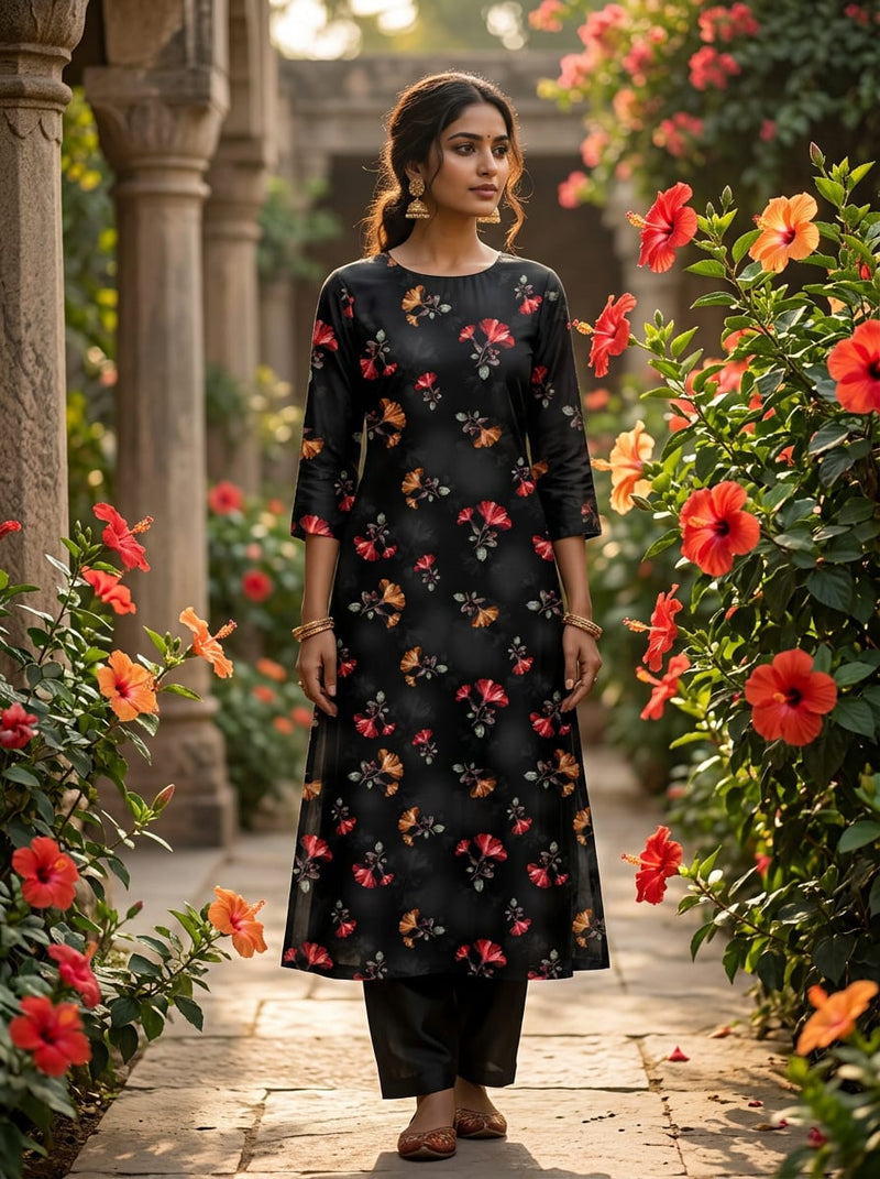 Black Scattered Red Orange Floral Kora Silk Digital Printed Fabric