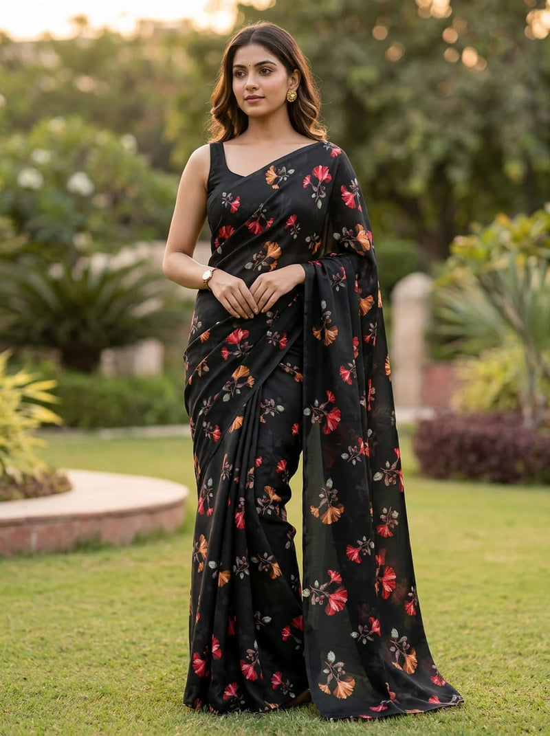 Black Scattered Red Orange Floral Kora Silk Digital Printed Fabric
