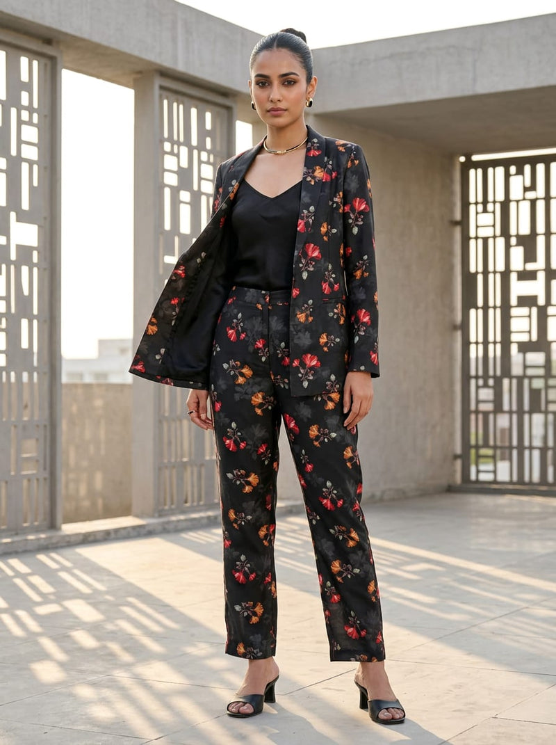 Black Scattered Red Orange Floral Kora Silk Digital Printed Fabric