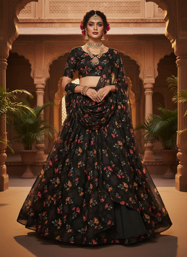 Morden Red Iris With Golden Floral Digital Printed Fabric - Kora Silk - Lehenga Choli Lookbook - KS-0-TA08882P1-110 - alternate view