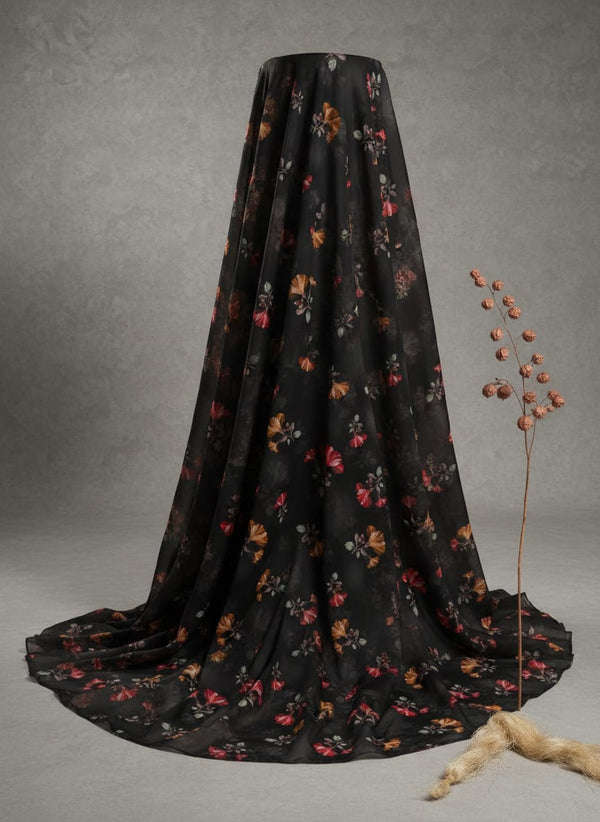 Morden Red Iris With Golden Floral Digital Printed Fabric - Kora Silk - Fabric Editorial Studio Flatlay Lookbook - KS-0-TA08882P1-110