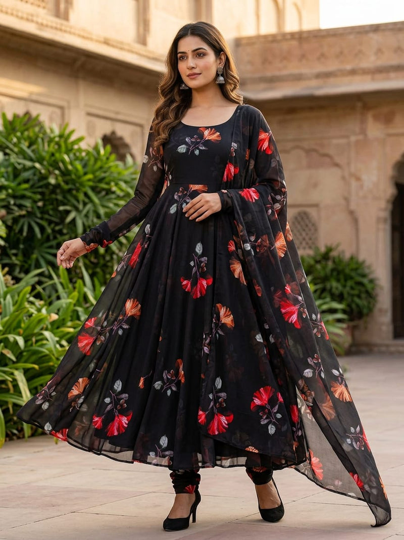Black Red Hibiscus Floral Weightless Digital Printed Fabric