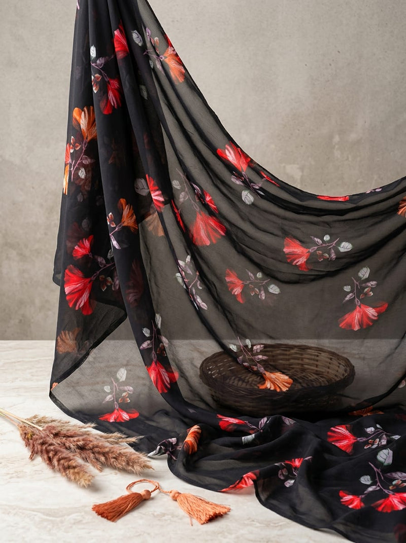 Black Red Hibiscus Floral Weightless Digital Printed Fabric