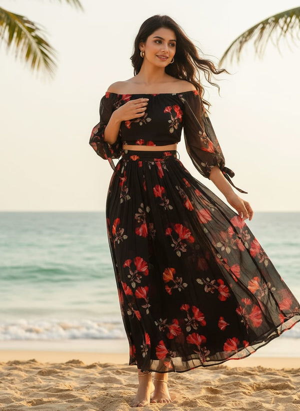 Morden Red Iris With Golden Floral Digital Printed Fabric - Pure Georgette - alternate view