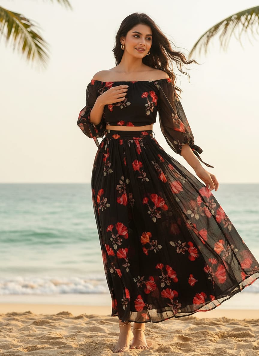 Morden Red Iris With Golden Floral Digital Printed Fabric - Pure Georgette