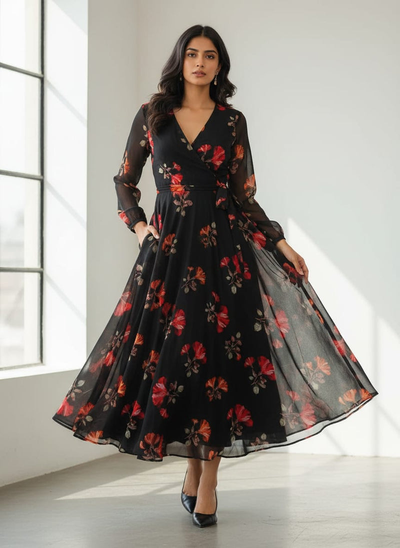 Morden Red Iris With Golden Floral Digital Printed Fabric - Pure Georgette