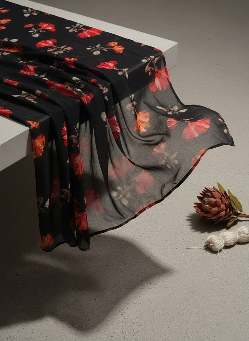 Morden Red Iris With Golden Floral Digital Printed Fabric - Pure Georgette