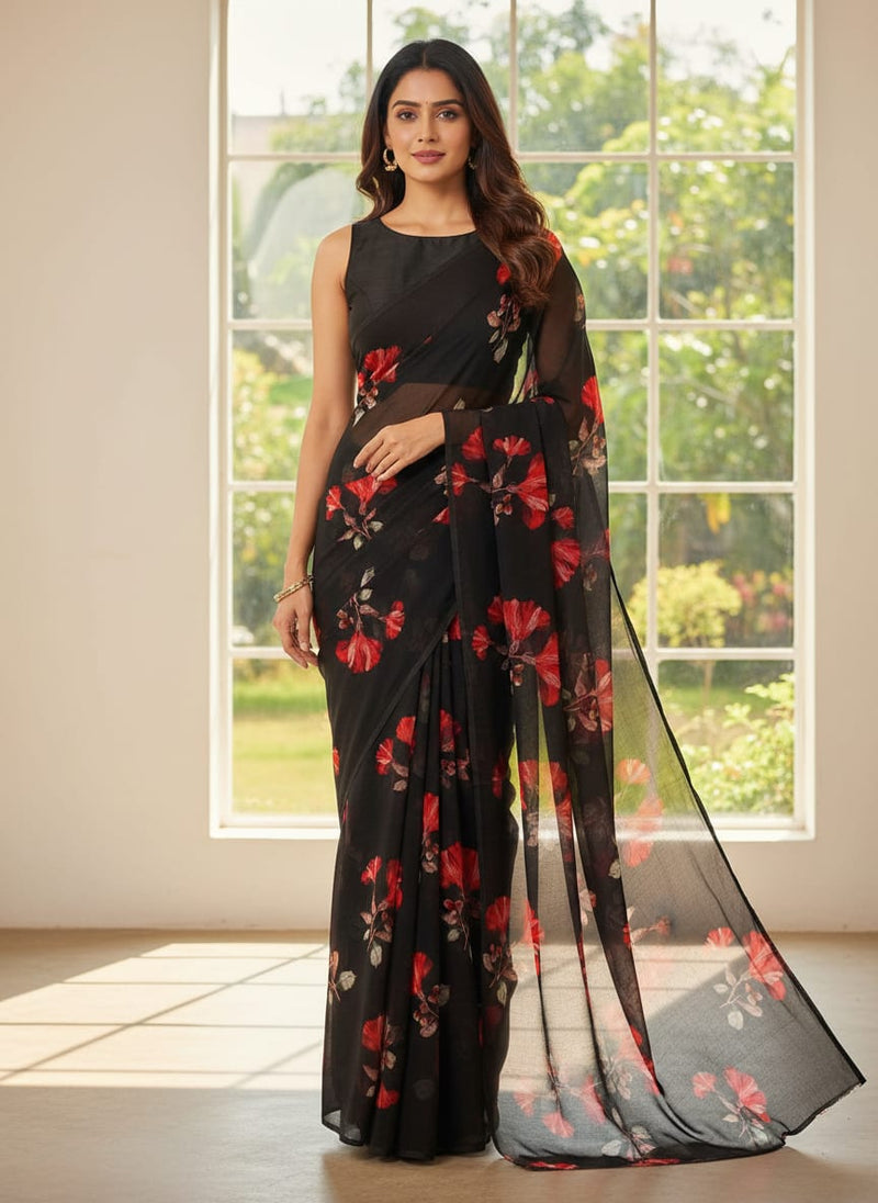 Morden Red Iris With Golden Floral Digital Printed Fabric - Pure Georgette