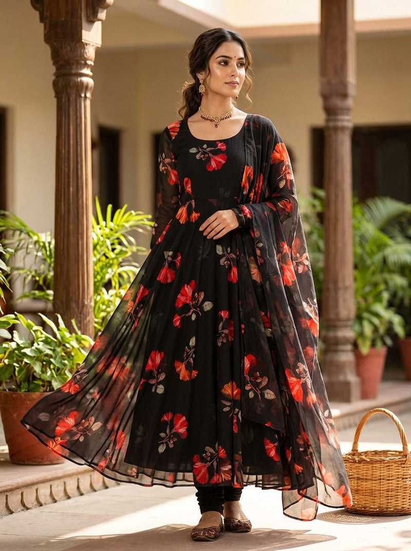 Black Vibrant Hibiscus Floral Pure Georgette Digital Printed Fabric