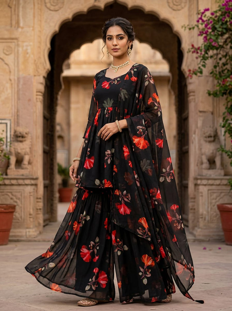 Black Vibrant Hibiscus Floral Pure Georgette Digital Printed Fabric