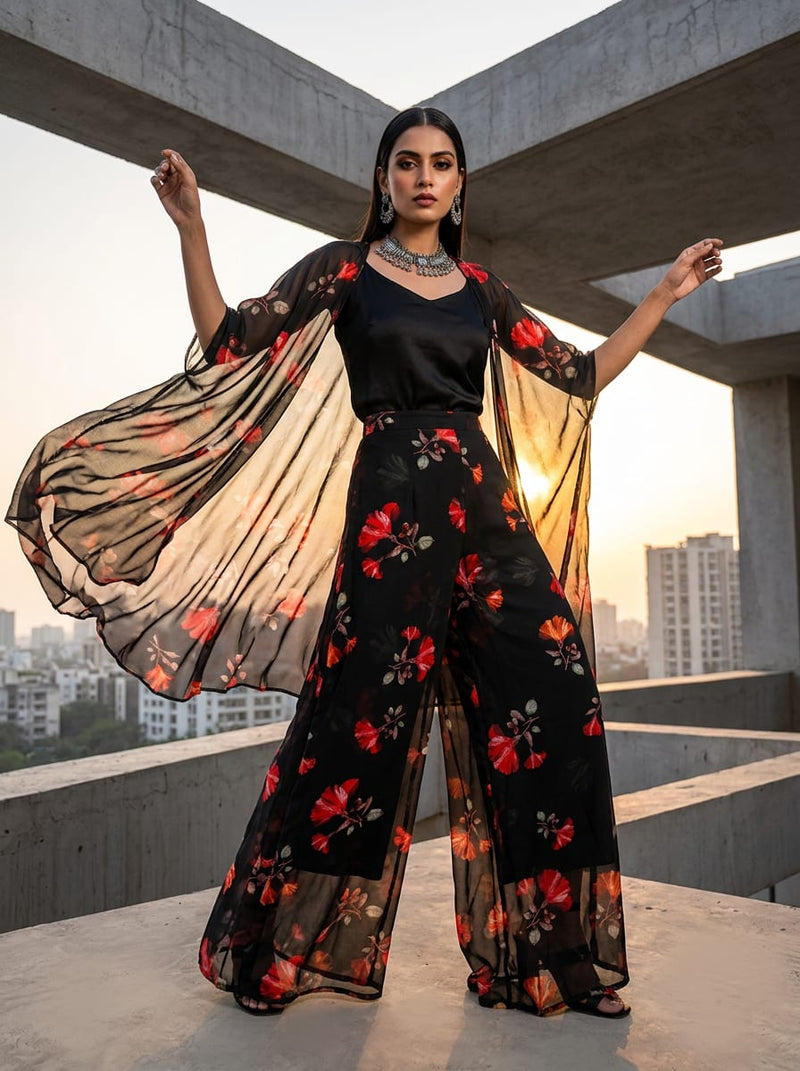 Black Vibrant Hibiscus Floral Pure Georgette Digital Printed Fabric
