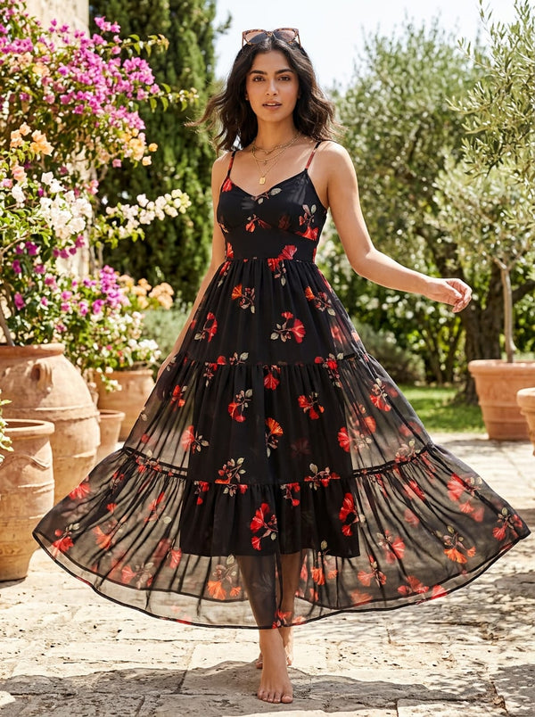 Black Vibrant Hibiscus Floral Pure Georgette Digital Printed Fabric - Flowy Maxi Dress Lookbook - PG-0-TA08882P1-110 - alternate view