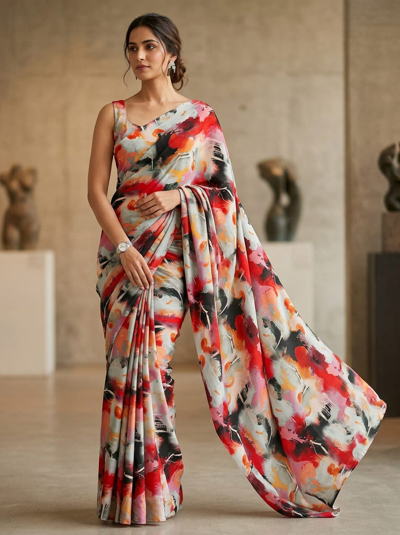 Multicolor Abstract Brushstroke Paint Silk Crepe Digital Printed Fabric