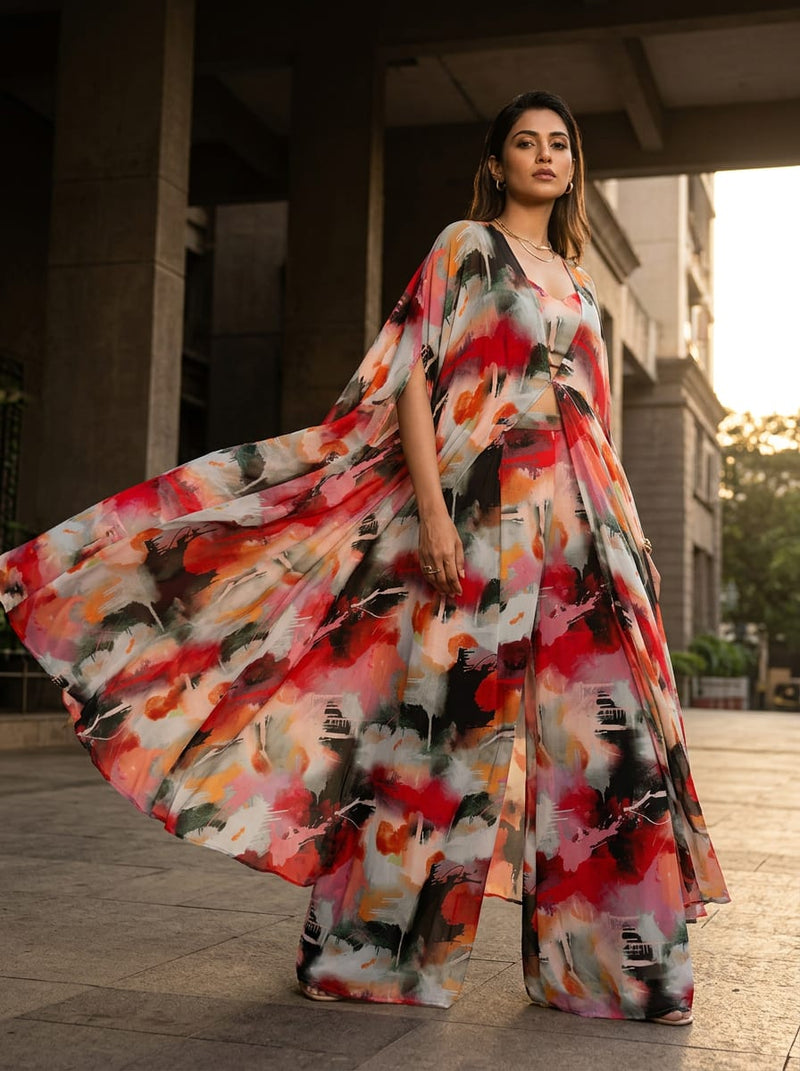 Multicolor Abstract Painterly Splash Pure Georgette Digital Printed Fabric