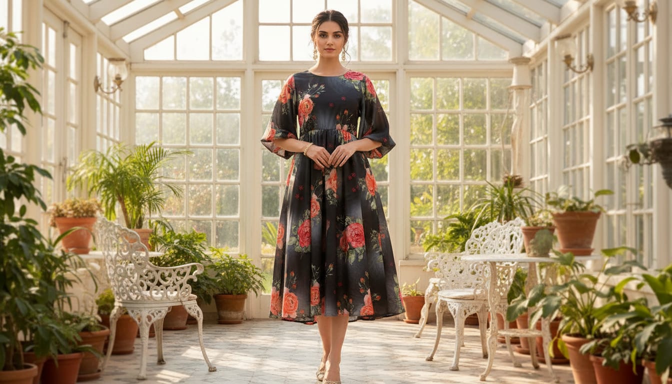 Most Trending Oranges With Red Rose Digital Printed Fabric - Kora Silk