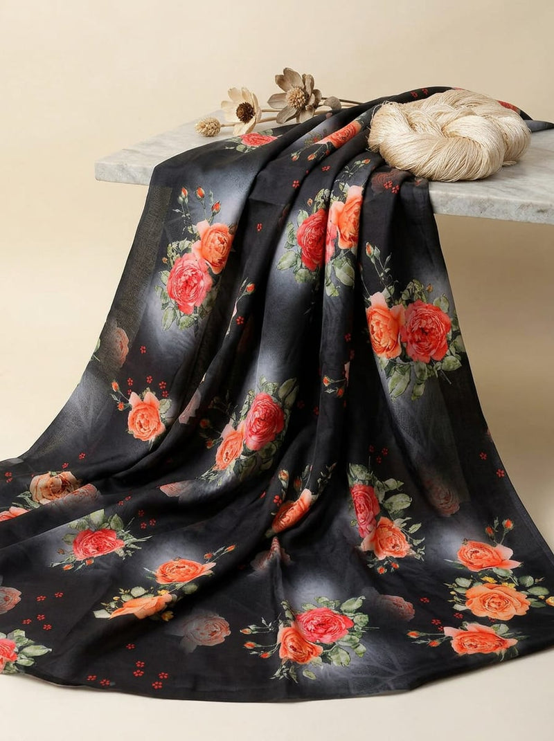 Black Classic Rose Bouquet Floral Kora Silk Digital Printed Fabric