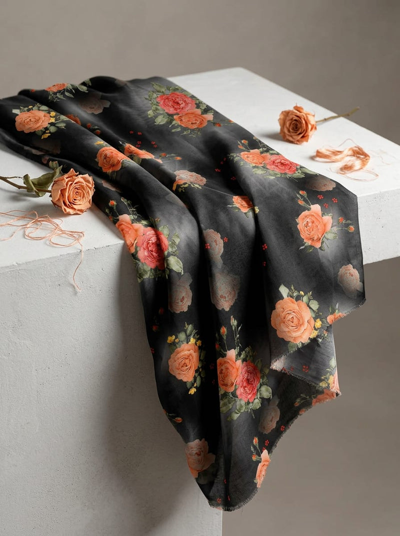 Black Peach and Red Roses Floral Muslin Digital Printed Fabric