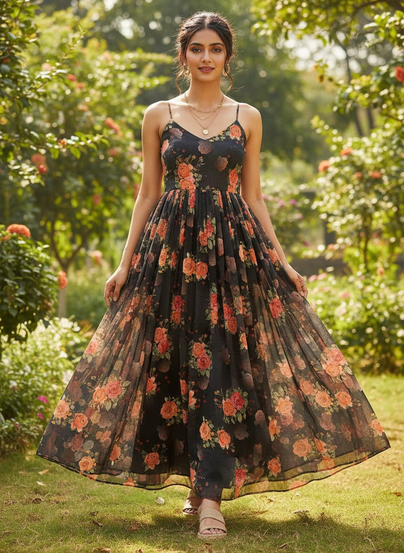Most Trending Oranges With Red Rose Digital Printed Fabric - Poly Muslin