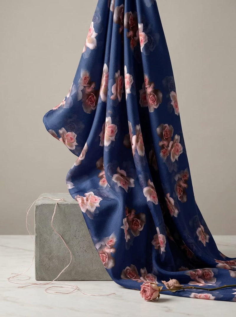 Navy Vintage Pink Roses Floral Kora Silk Digital Printed Fabric