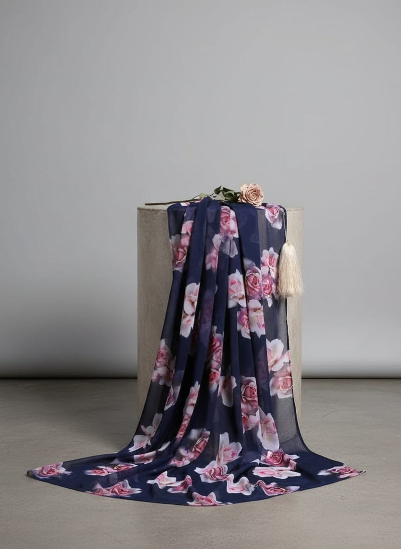 Valvet Blue Background With Creamy Roses Digital Printed Fabric - Weightless
