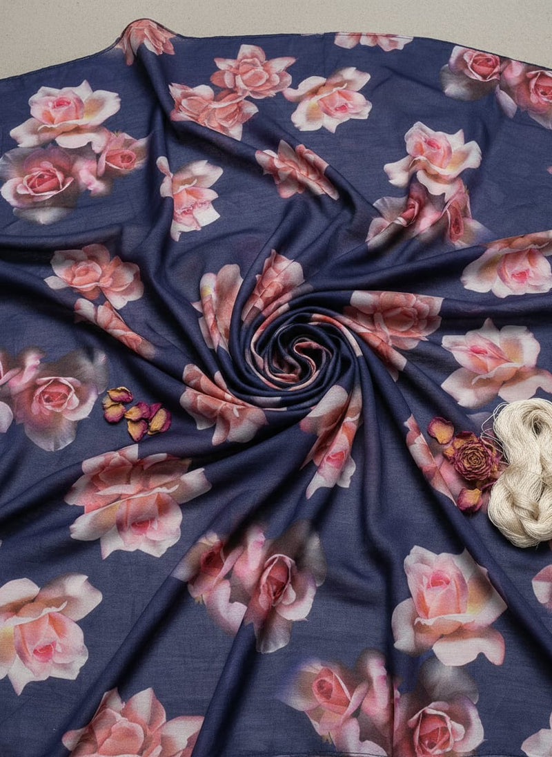 Valvet Blue Background With Creamy Roses Digital Printed Fabric - Poly Muslin