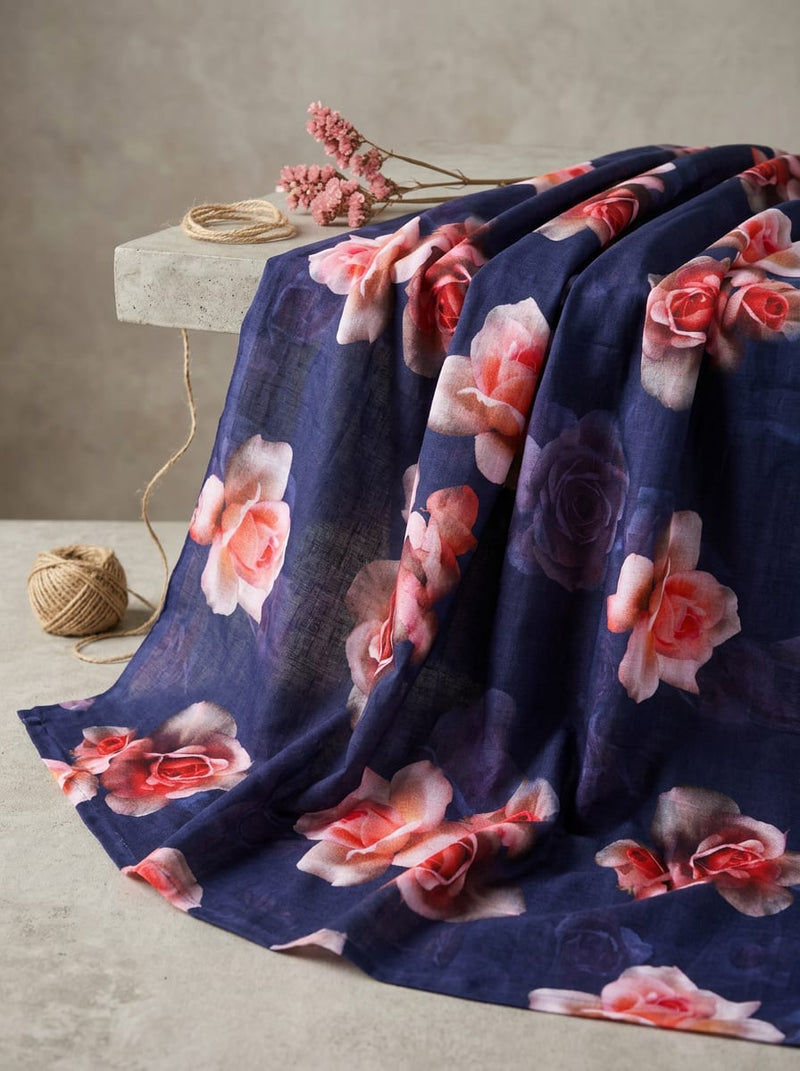 Navy Romantic Rose Floral Pure Cotton Digital Printed Fabric