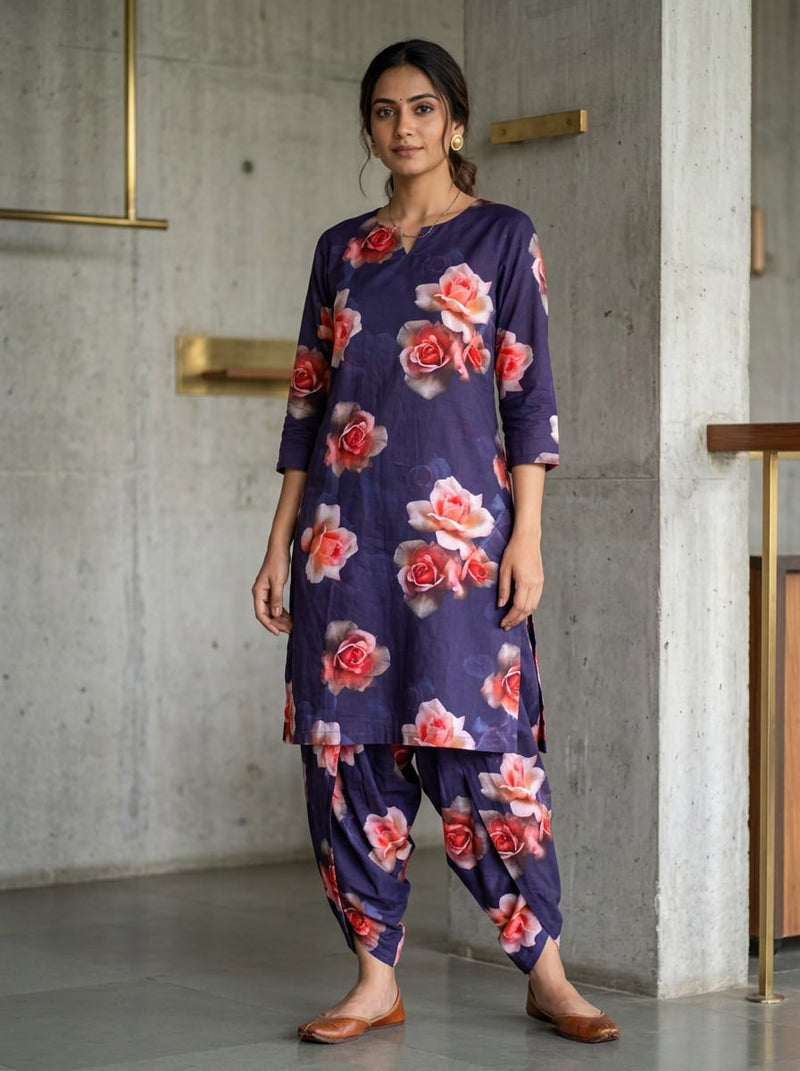 Navy Romantic Rose Floral Pure Cotton Digital Printed Fabric