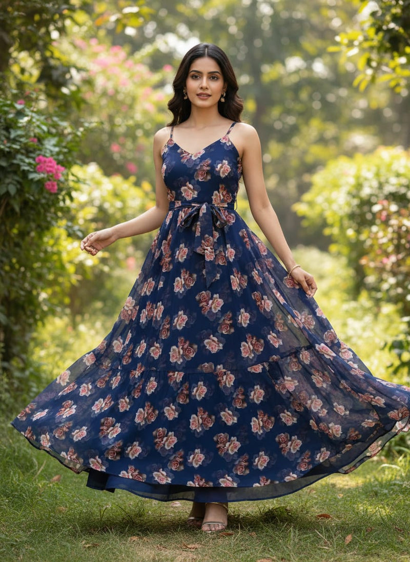 Valvet Blue Background With Creamy Roses Digital Printed Fabric - Pure Georgette