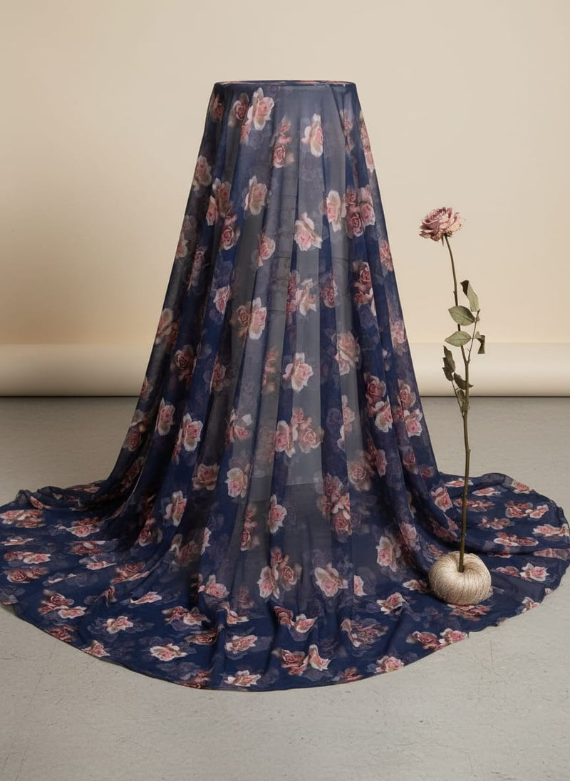 Valvet Blue Background With Creamy Roses Digital Printed Fabric - Pure Georgette