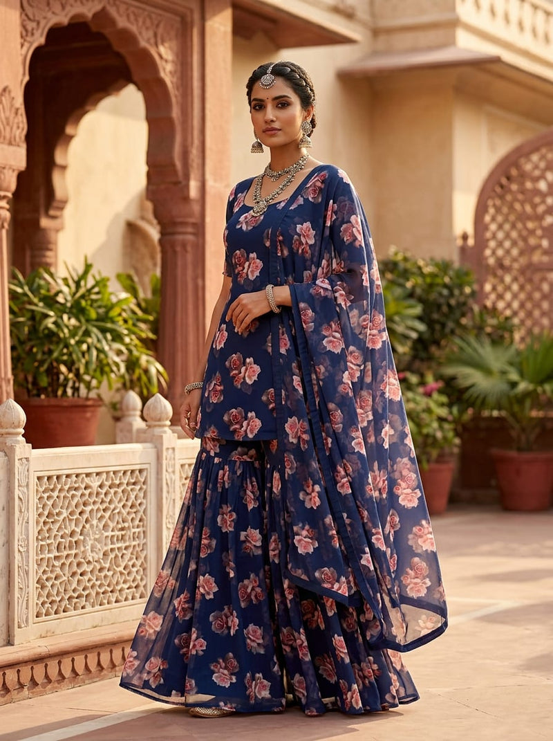 Navy Vintage Rose Floral Pure Georgette Digital Printed Fabric