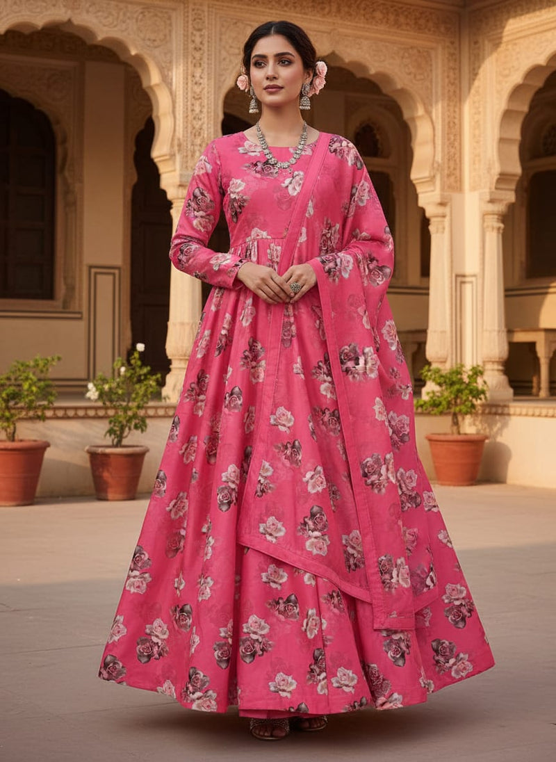 Pinkish Background With Valvet Roses Digital Printed Fabric - Japan Satin