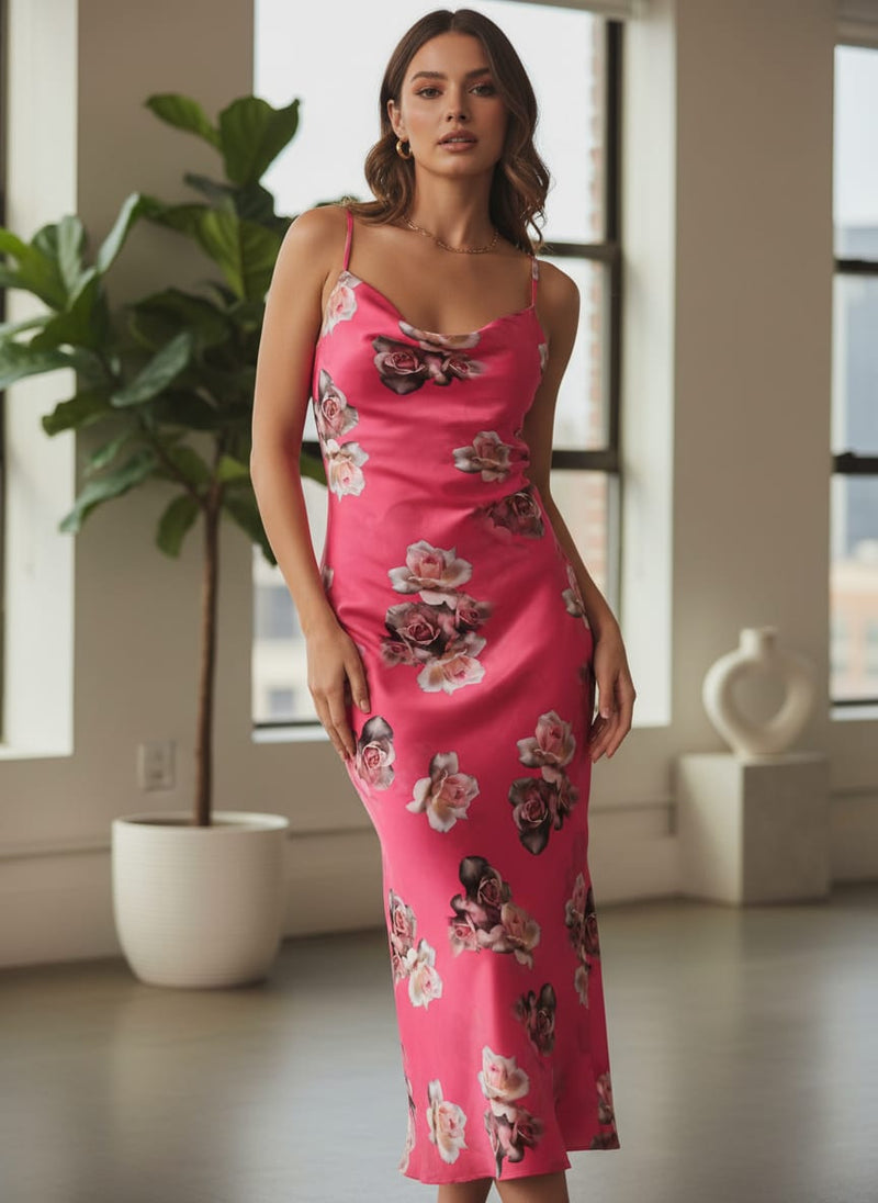 Pinkish Background With Valvet Roses Digital Printed Fabric - Japan Satin