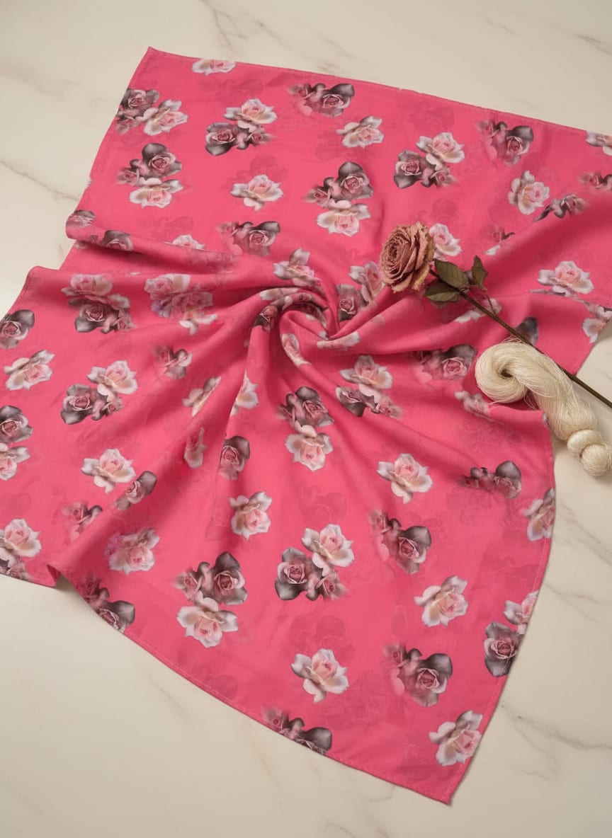 Pinkish Background With Valvet Roses Digital Printed Fabric - Kora Silk