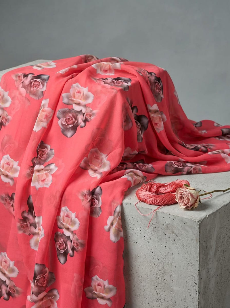 Pink Photorealistic Rose Bouquets Weightless Digital Printed Fabric