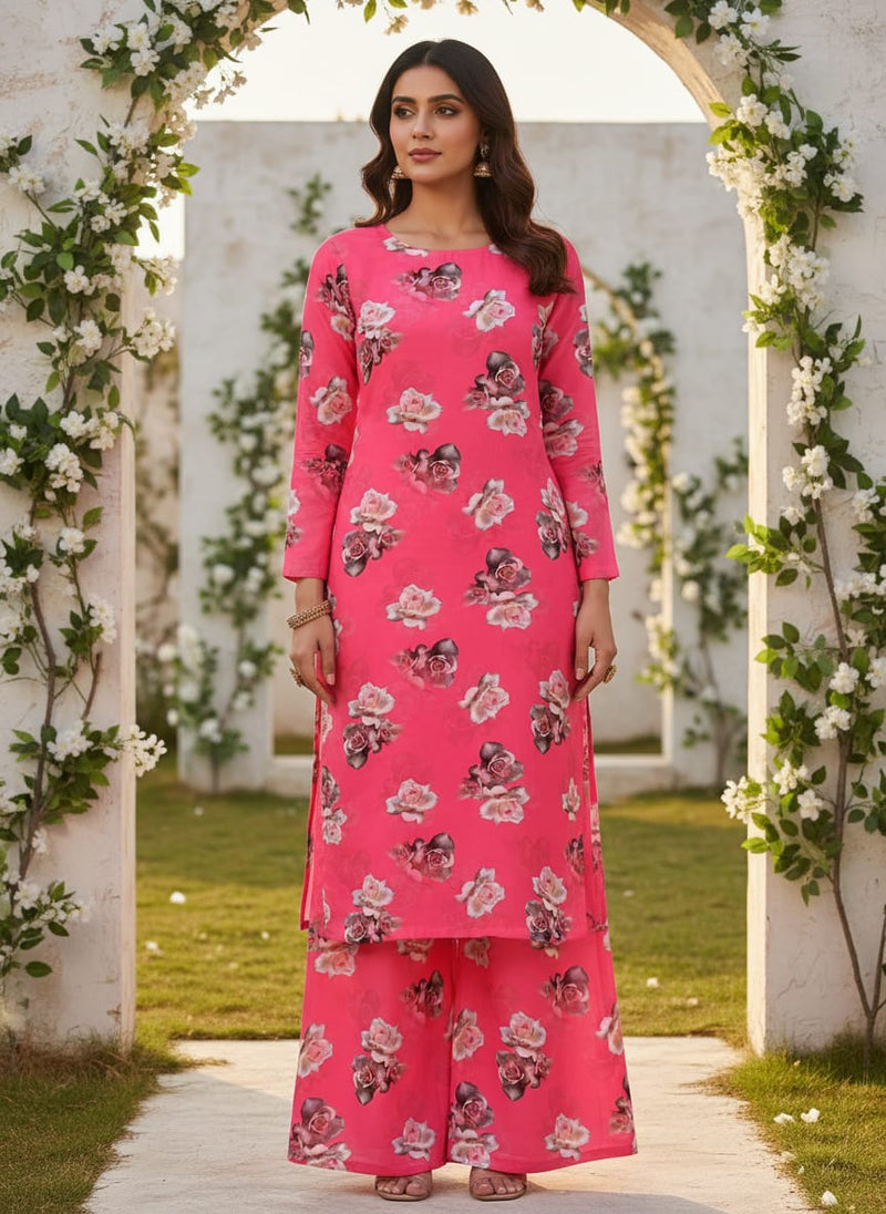 Pinkish Background With Valvet Roses Digital Printed Fabric - Poly Muslin