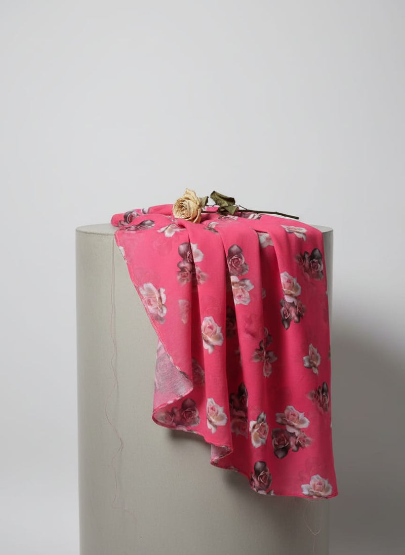 Pinkish Background With Valvet Roses Digital Printed Fabric - Poly Muslin