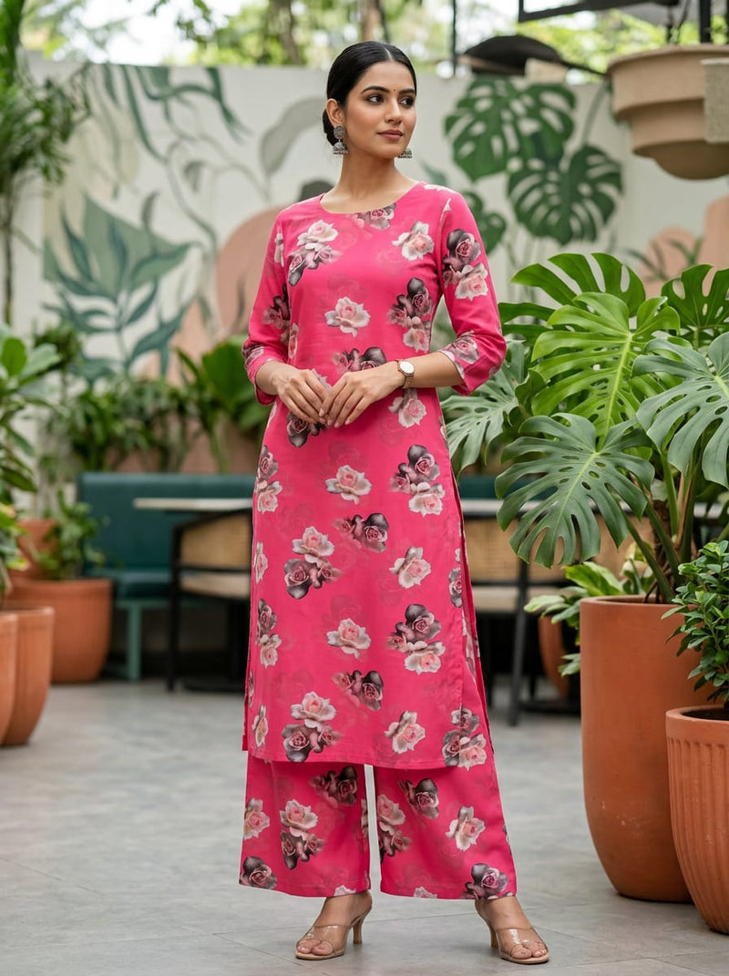 Pink Scattered Realistic Rose Floral Pure Cotton Digital Printed Fabric