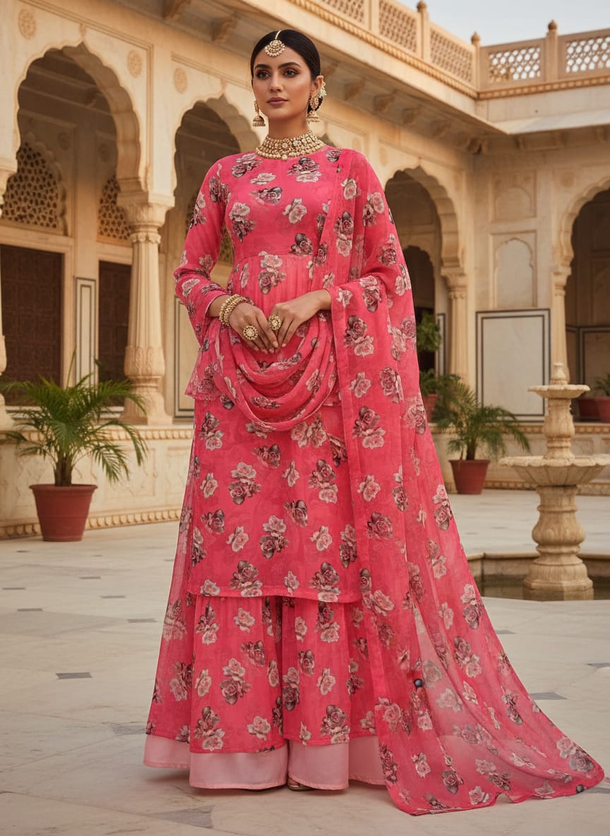 Pinkish Background With Valvet Roses Digital Printed Fabric - Pure Georgette