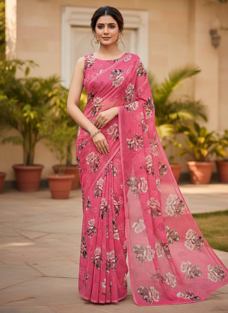 Pinkish Background With Valvet Roses Digital Printed Fabric - Pure Georgette