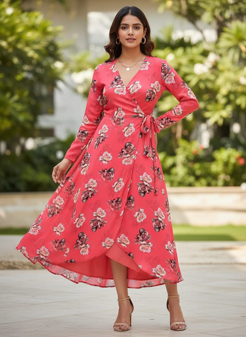 Pinkish Background With Valvet Roses Digital Printed Fabric - Pure Georgette