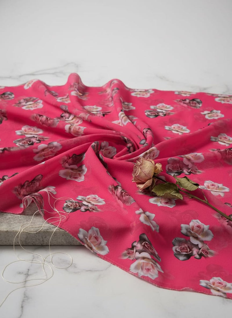 Pinkish Background With Valvet Roses Digital Printed Fabric - Pure Georgette