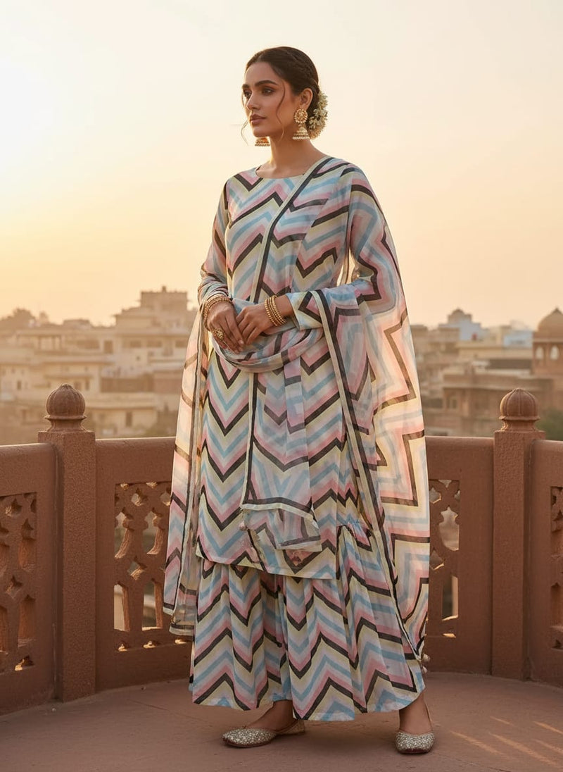Trending Multicolor Zigzag Digital Printed Fabric - Weightless
