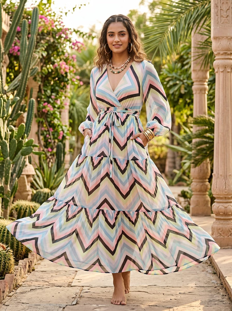 Multicolor Pastel Geometric Chevron Weightless Digital Printed Fabric