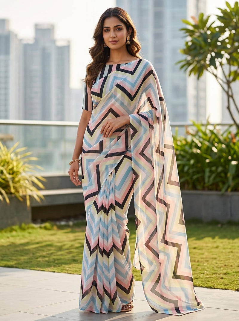 Multicolor Pastel Geometric Chevron Weightless Digital Printed Fabric