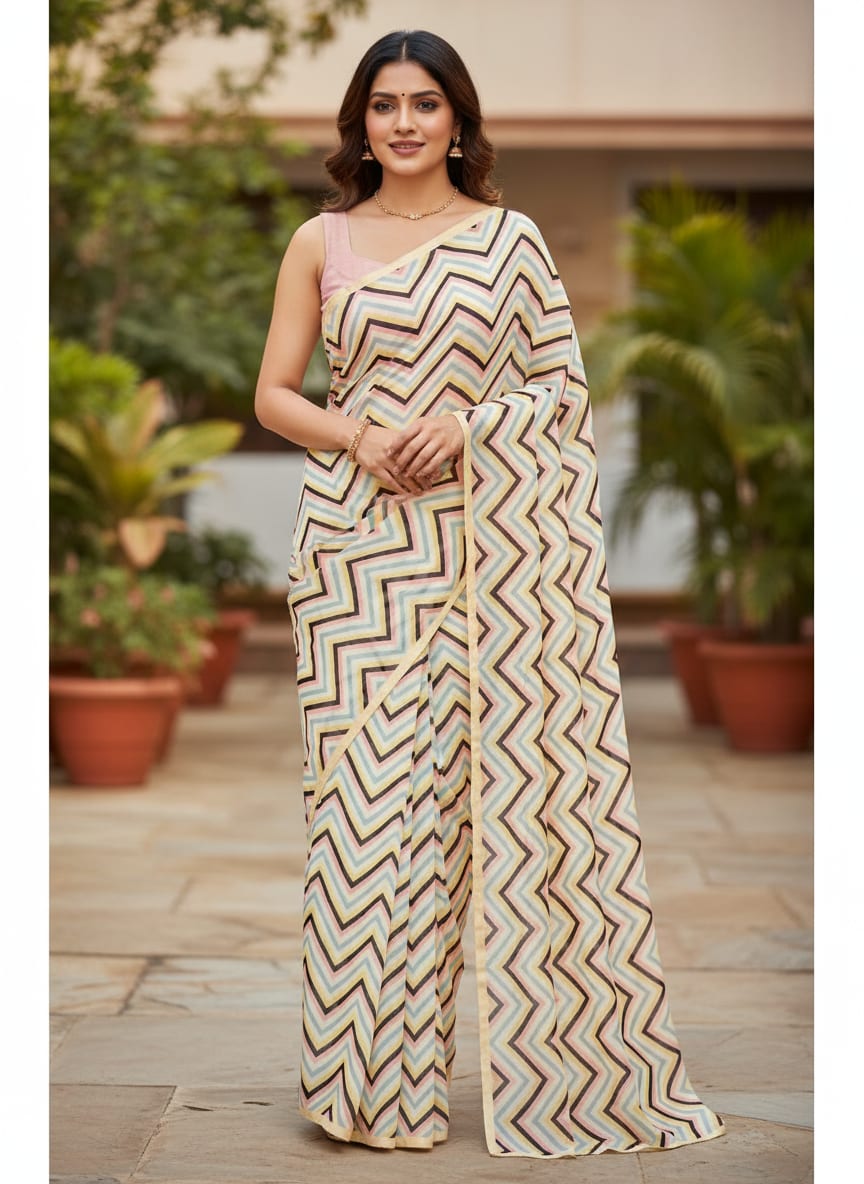 Trending Multicolor Zigzag Digital Printed Fabric - Pure Georgette