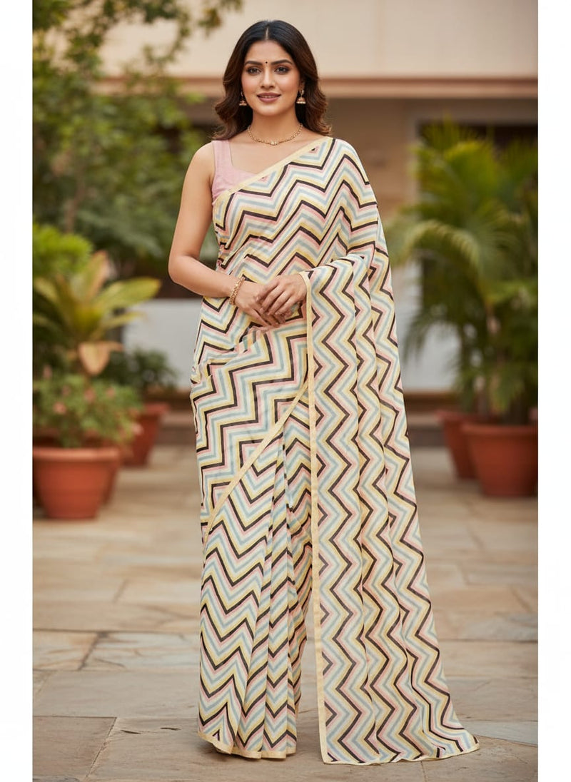 Trending Multicolor Zigzag Digital Printed Fabric - Pure Georgette