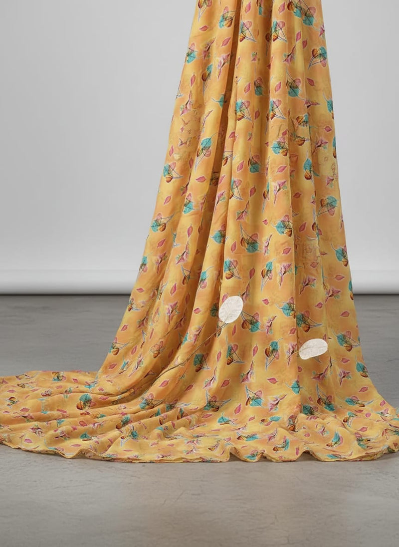 Multicolor Colorful Transparent Leaves Muslin Digital Printed Fabric