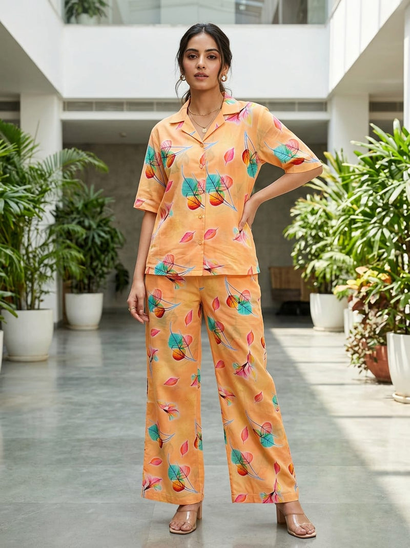 Peach Colorful Translucent Leaf Print Pure Cotton Digital Printed Fabric
